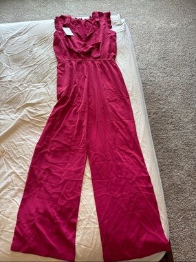 Sleeveless Ruffle V-Neck Wide-Leg Jumpsuit in Berry